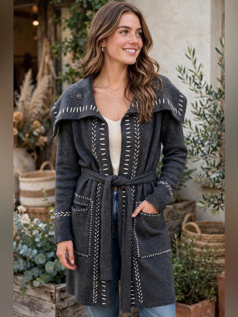 Anthropologie || Guinevere Belted Cardigan Merino Wool Blanket Stitch Gray XS